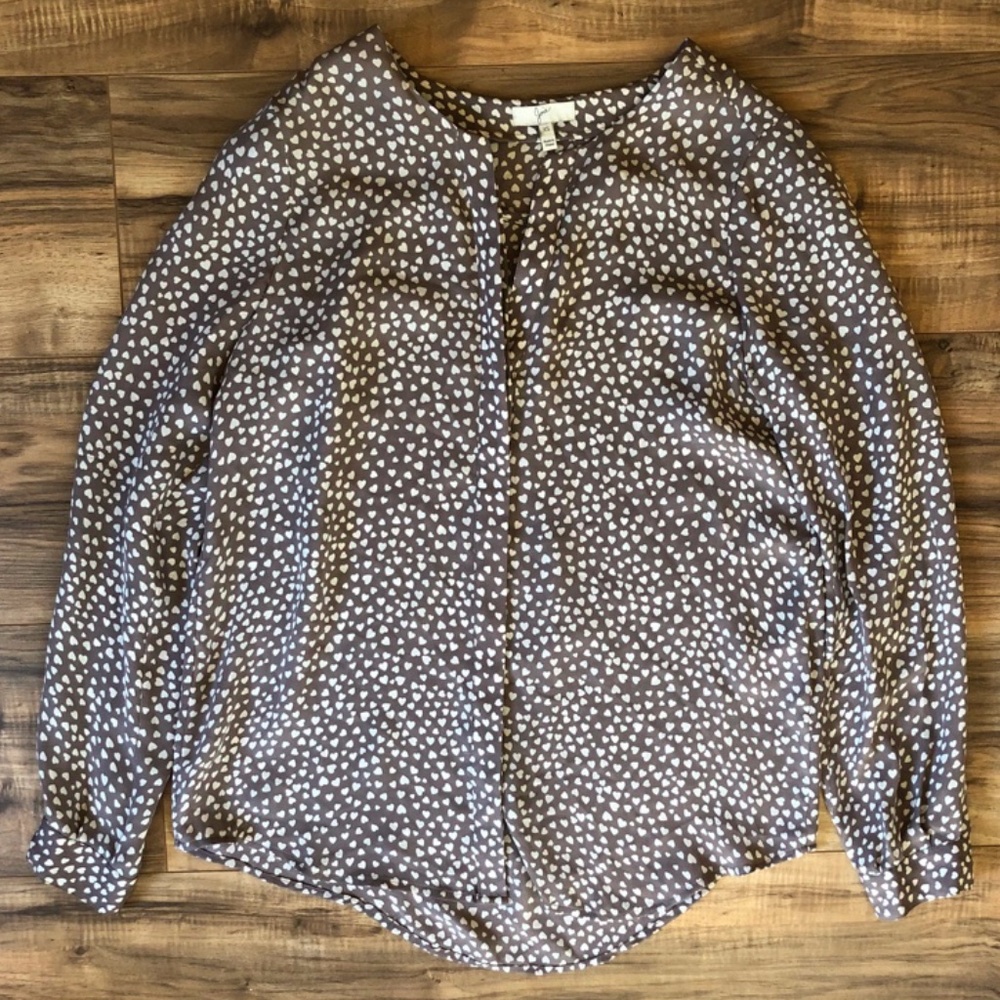 Joie Taupe Heart Print Silk Button Down Blouse XS